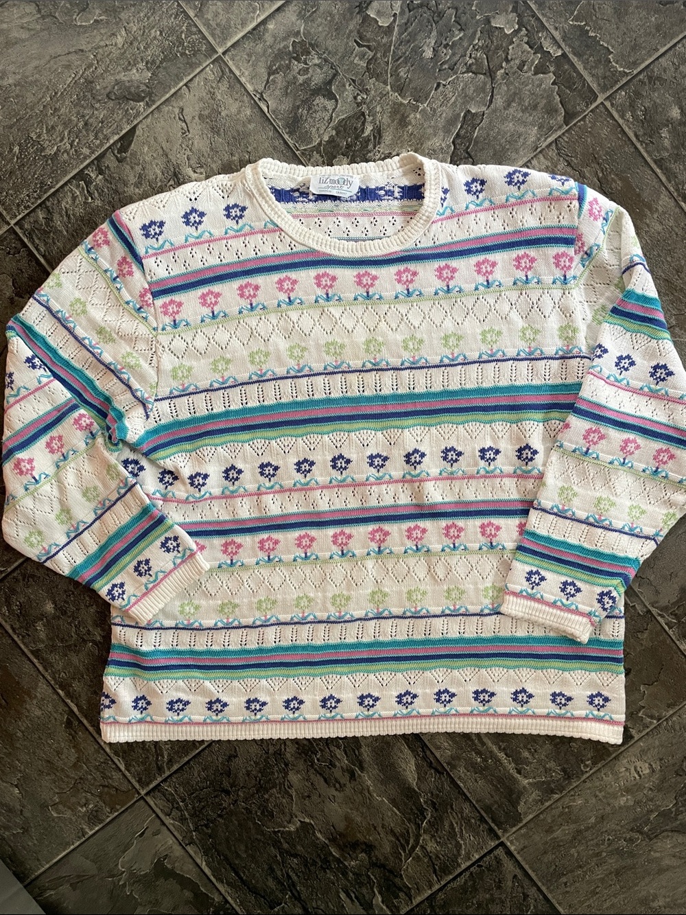 LIZ MOODY Vibtage Floral-Striped Multicolor Cottagecore Grandma Crewneck Sweater